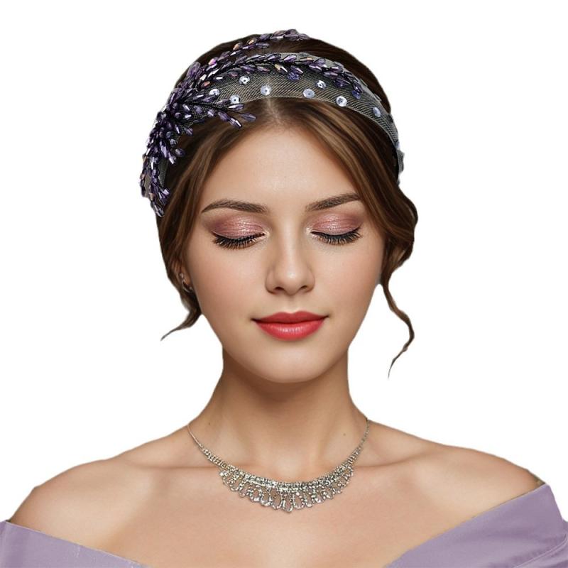 カチューシャ レディース クリスタル 水晶 ビジュー パープル チュール 欧米風 上品 高級感 結婚式 ブ..