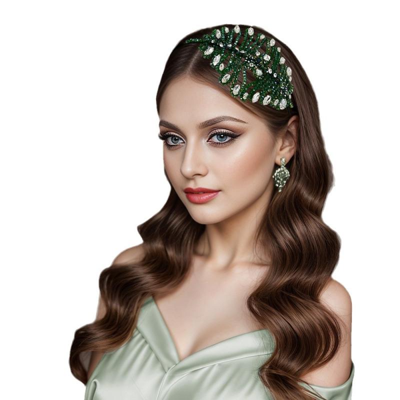 カチューシャ レディース ヘアアクセサリー 髪飾り ヘッドドレス 清楚 ナチュラル ハンドメイド 高級感 上品 エレガント クリスタル ラインストーン ジルコニア 緑 グリーン 通勤 普段使い 結婚式 秋冬 かわいい