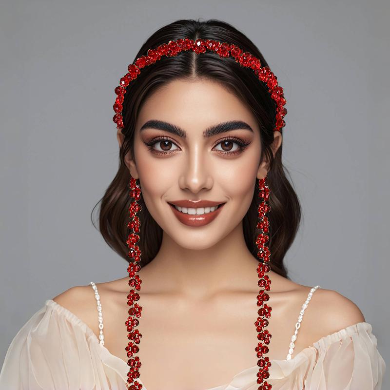 カチューシャ レディース ヘアアクセサリー クリスタル 水晶 ビジュー レッド 赤 宝石 揺れる ロングタッセル キラキラ 高級感 上品 エレガント きれいめ 大人 かわいい フェミニン 華やか 韓国 パーティー 結婚式 春夏