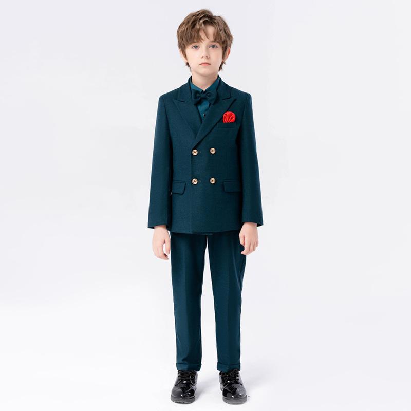 スーツ 男の子 キッズ セットアップ フォーマル 秋冬 ブリティッシュ イギリス風 紳士 ジャケット ベスト ロングパンツ ダブルブレスト 発表会 結婚式 七五三 礼服 無地 ポリエステル 長袖 高級感 ダークグリーン 深緑