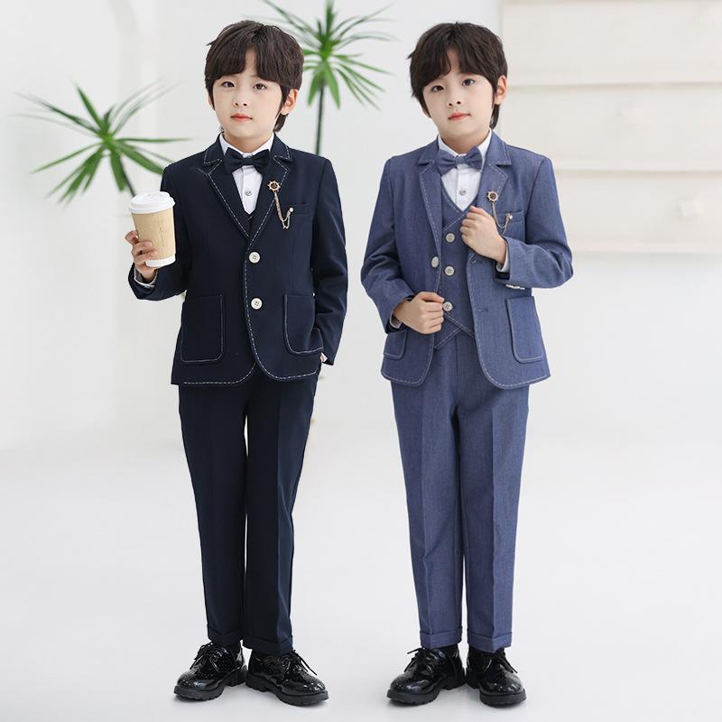 Rakuten - スーツ 男の子 セットアップ フォーマル 礼服 ジャケット ベスト シャツ 長ズボン ロングパンツ 春秋冬 結婚式 発表会 七五三 ブリティッシュ トラッド 上品 高級感 無地 ブルー ネイビー 紺 シンプル 柔らかい 快適 ポリエステル 通気性 韓国
