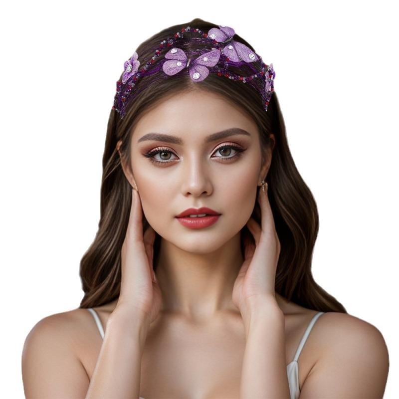 カチューシャ レディース パープル 紫 バイオレット お出かけ パーティー 結婚式 ハンドメイド 手編み 花柄 フラワー 蝶々 バタフライ 布製 ラインストーン 高級感 華やか レトロ 幅広 ヘアアクセサリー 上品 清楚 秋冬
