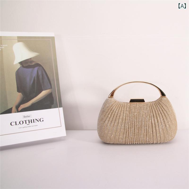 パーティーバッグ レディース クラッチ 鞄 手提げ 小さめ ビジュー ラインストーン スパンコール プリーツ ギャザー キラキラ 結婚式 二次会 披露宴 フォーマル 高級感 ポリエステル 貝殻型 ロック 金具 ゴールド ブラック シルバー