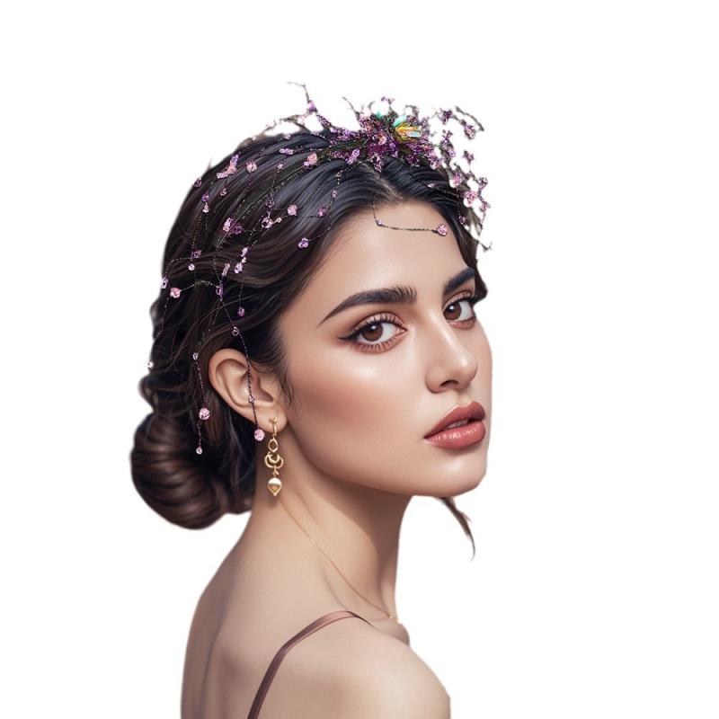 ・カテゴリ: ヘアアクセサリー・主な素材: 水晶・加工: ハンドメイド・カラー展開: パープル・要素: 不規則、ラインストーン、チェーン、アシンメトリー・スタイル: ファッション、通勤・対象: レディース