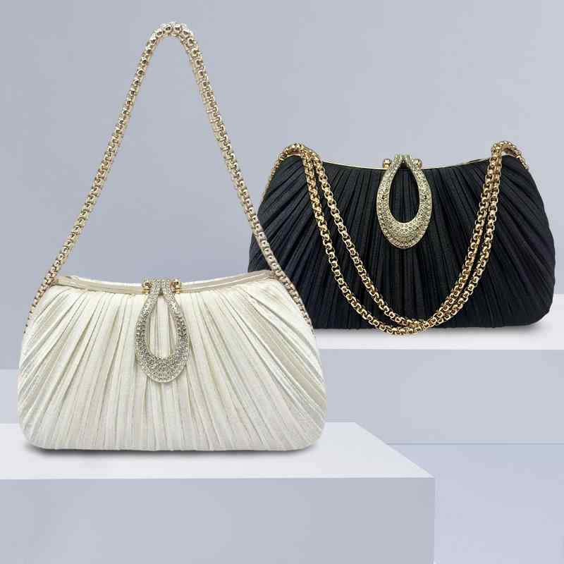 ハンドバッグ レディース クラッチ 鞄 フォーマル プリーツ 無地 上品 エレガント 高級感 シンプル ヴィンテージ風風 チェーン 合成皮革 チャイナドレス 結婚式 披露宴 二次会 秋冬 ブラック シャンパン シルバー