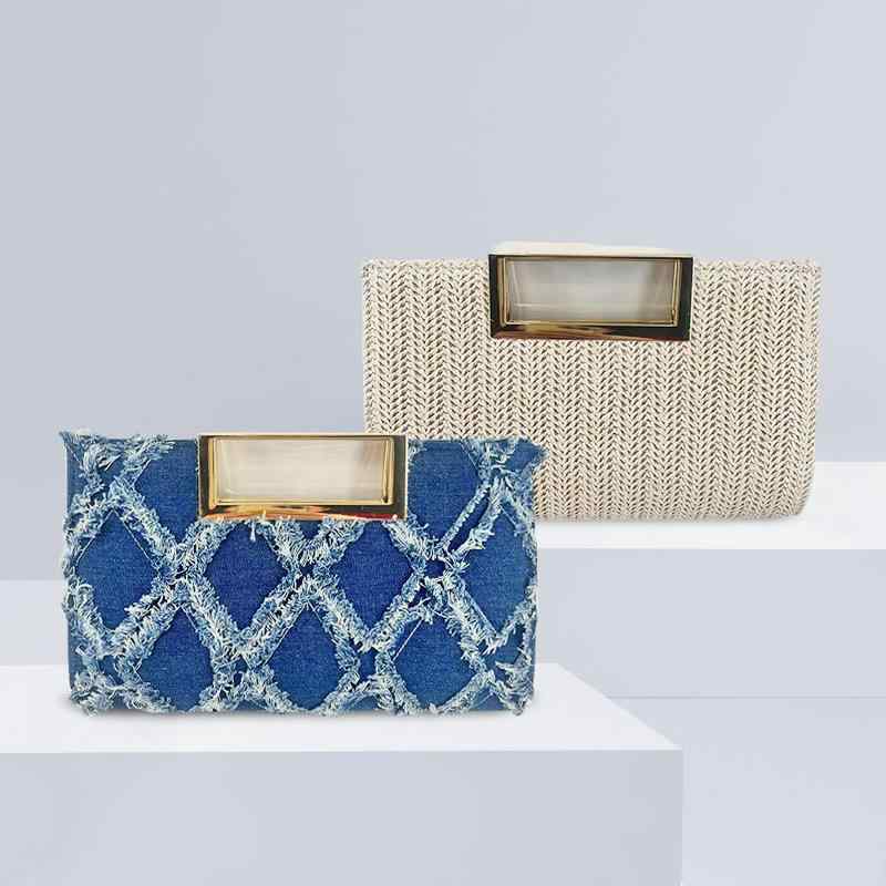クラッチバッグ レディース 手提げ 鞄 イントレチャート 編み込み メタリック グリッター キラキラ 光沢感 高級感 レトロ スクエア チャイナドレス 結婚式 披露宴 パーティー ゴールド ホワイト ブルー 春夏