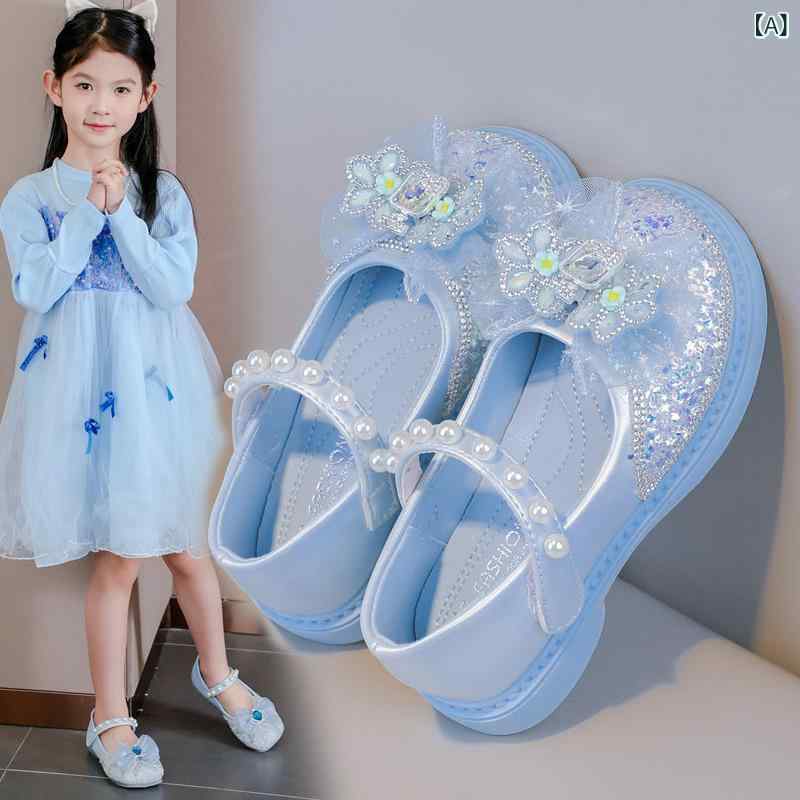 Formal Shoes - キッズシューズ 女の子 フォーマル プリンセス クリスタル フラット パンプス 春秋 ソフトソール ビジュー ラインストーン 発表会 演奏会 パーティー 面ファスナー ベルクロ 通気性 ブルー ピンク ベージュ 合皮