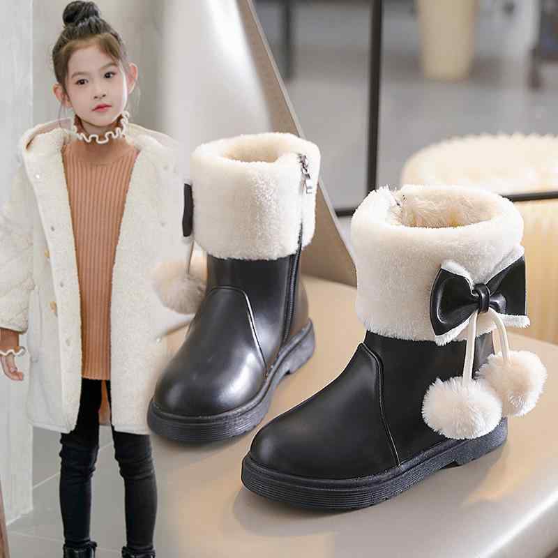 Formal Shoes - ブーツ キッズ 女の子 ジュニア 秋冬 保温 防寒 暖かい 裏起毛 フェイクファー リボン 軽量 サイドファスナー 合成皮革 滑り止め 通学 お出かけ 普段使い かわいい プリンセス ブラック ピンク カーキ 靴 ボア