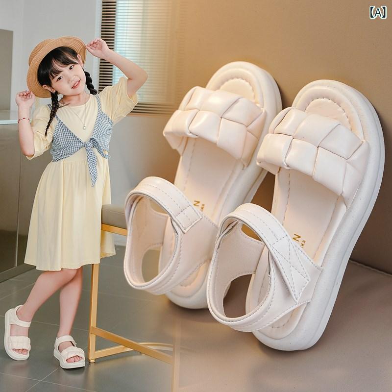 Formal Shoes - サンダル 女の子 キッズ スポーツサンダル ビーチサンダル 子供靴 ジュニア 小学生 履きやすい ソフトソール 面ファスナー ベルクロ スポーティー オープントゥ 春夏 普段使い レジャー アイボリー ブラック