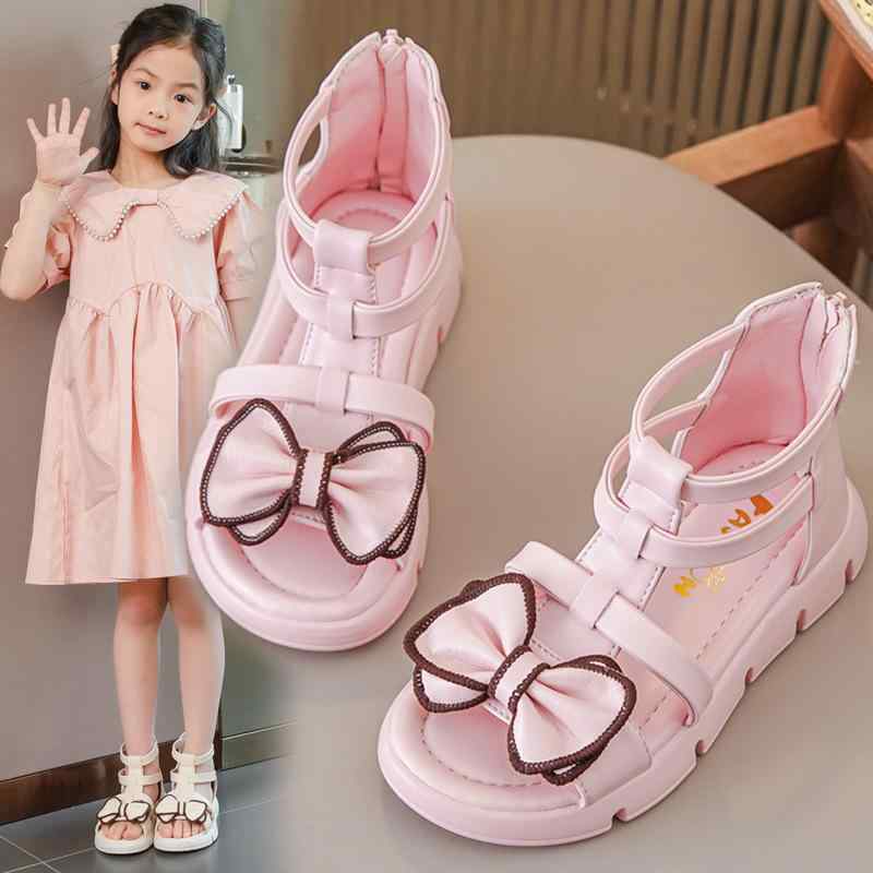 Shoes - サンダル 女の子 キッズ 子供 小学生 グラディエーター 春夏 柔らかい ソフトソール オープントゥ バックファスナー リボン アイボリー ブラック ピンク お出かけ 通学 普段使い かわいい プリンセス 合成皮革