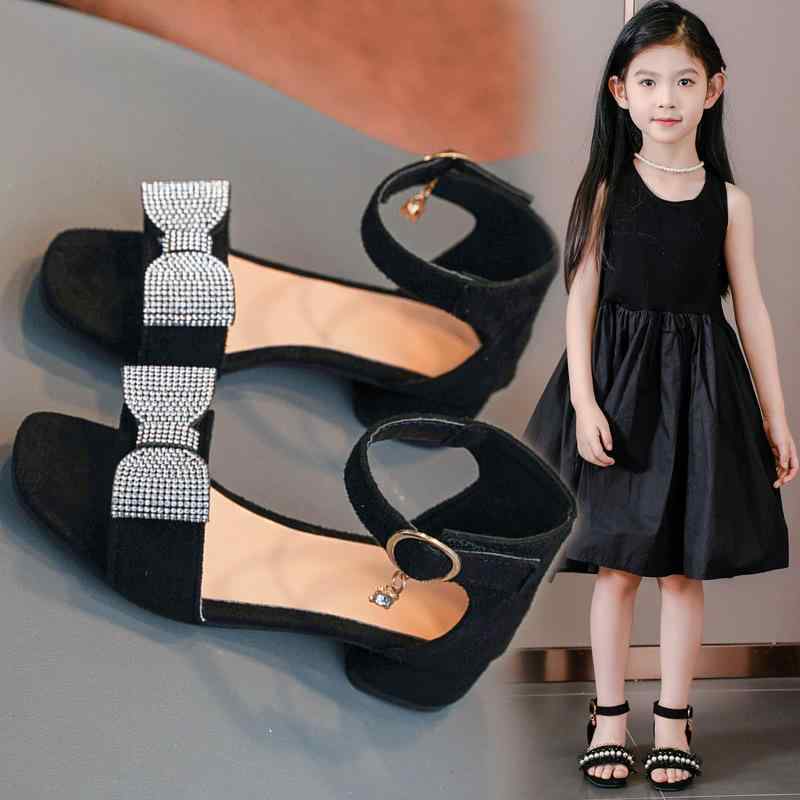Formal Shoes - サンダル 女の子 キッズ 子供 ガールズ 春夏 高ヒール リボン ビジュー オープントゥ グラディエーター 面ファスナー 面ファスナー ラバーソール 韓国ファッション おしゃれ かわいい ブラック レッド 普段使い