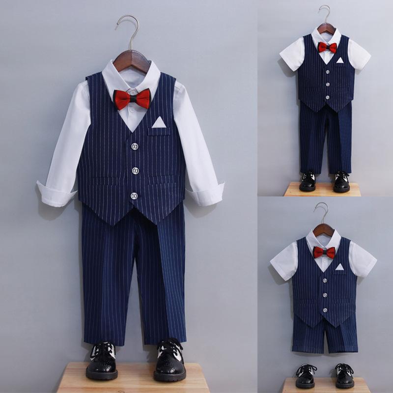 Suits, Tuxedos （Boys） - スーツ 男の子 子供 ストライプ セットアップ フォーマル 英国風 ブリティッシュ ベスト スラックス 発表会 結婚式 演奏会 高級感 綿混 柔らかい 通気性 吸湿性 軽量 ブラック ブルー 春夏