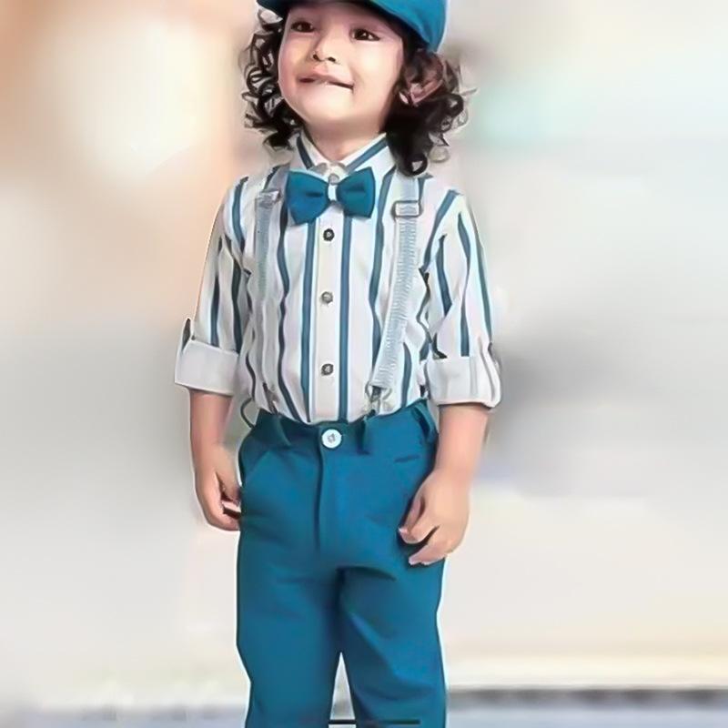 セットアップ 男の子 キッズ 子供 長袖シャツ オーバーオール 長ズボン フォーマルスーツ 礼服 欧米風 ストライプ 縞模様 結婚式 発表会 七五三 秋冬 綿 コットン 柔らかい 吸湿速乾 かっこいい ネイビー 紺