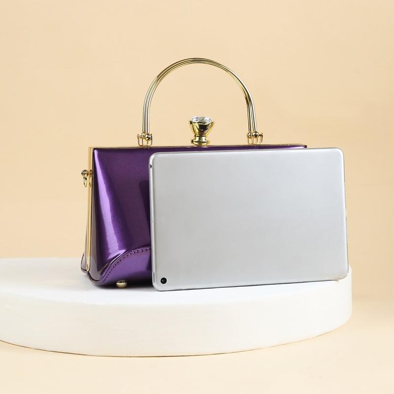 ハンドバッグ レディース ショルダー 斜め掛け 鞄 エナメル 光沢 メタルリング スクエア ボストン パテントレザー ヒョウ柄 ラインストーン 普段使い 通勤 きれいめ 大人 かわいい 高級感 秋冬 パープル ブラック