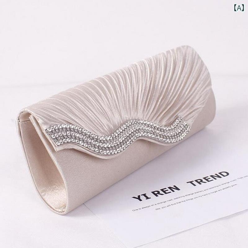 パーティーバッグ レディース クラッチ 鞄 カバン 結婚式 二次会 謝恩会 ギャザー プリーツ サテン 縦長 ロング スクエア 高級感 ラインストーン ビジュー フラップ シャンパン ブラック ホワイト