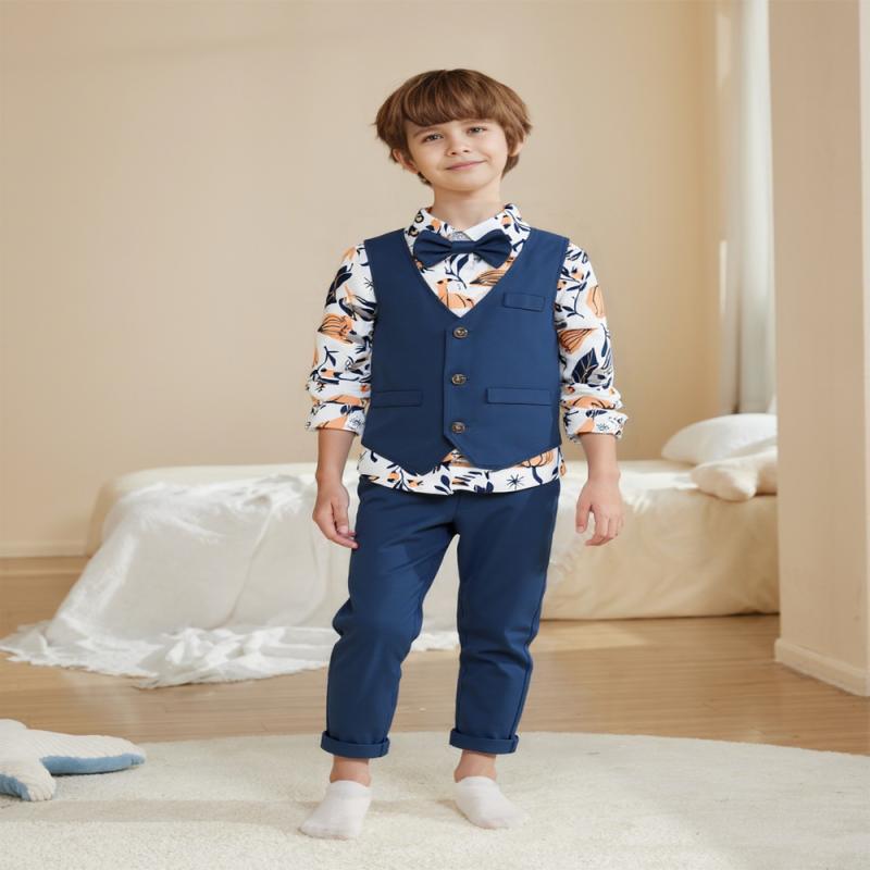 セットアップ 男の子 キッズ スーツ 礼服 シャツ ベスト 長ズボン 綿 コットン 柔らかい 総柄 プリント..