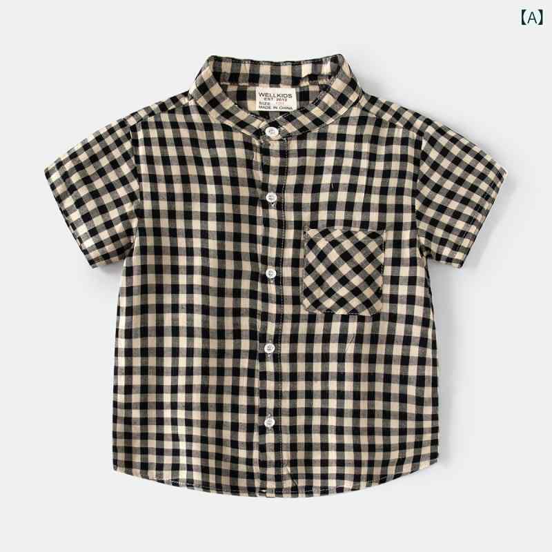 シャツ 男の子 キッズ 子供服 ベビー トップス 半袖 春夏 スタンドカラー チェック 総柄 綿100 コットン 柔らかい カジュアル 普段使い お出かけ 前開き 薄手 通気性 吸汗速乾 ブラック ホワイト モノトーン