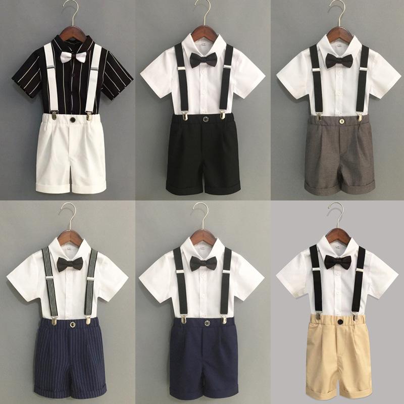 Suits, Tuxedos （Boys） - スーツ 男の子 キッズ セットアップ 半袖 シャツ サスペンダー ハーフパンツ 蝶ネクタイ 礼服 フォーマル 結婚式 発表会 披露宴 春夏 綿 かっこいい ブラック ネイビー グレー