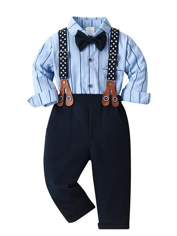 セットアップ 男の子 ベビー キッズ 英国風 フォーマル スーツ 礼服 長袖 シャツ ストライプ サスペンダー パンツ 上下セット 秋冬 綿 コットン 柔らかい 誕生日 結婚式 発表会 冠婚葬祭 七五三 お祝い 紳士服 ホワイト