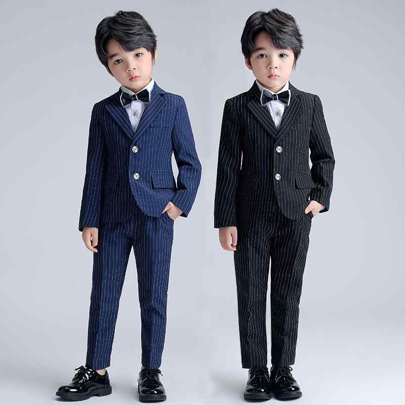 スーツ 男の子 セットアップ フォーマル 英国風 ストライプ柄 長袖 ジャケット ベスト ロングパンツ 蝶ネクタイ 結婚式 発表会 卒園式 綿 コットン 柔らかい 肌触り 春秋 通気性 シングル スリム ブラック ネイビー