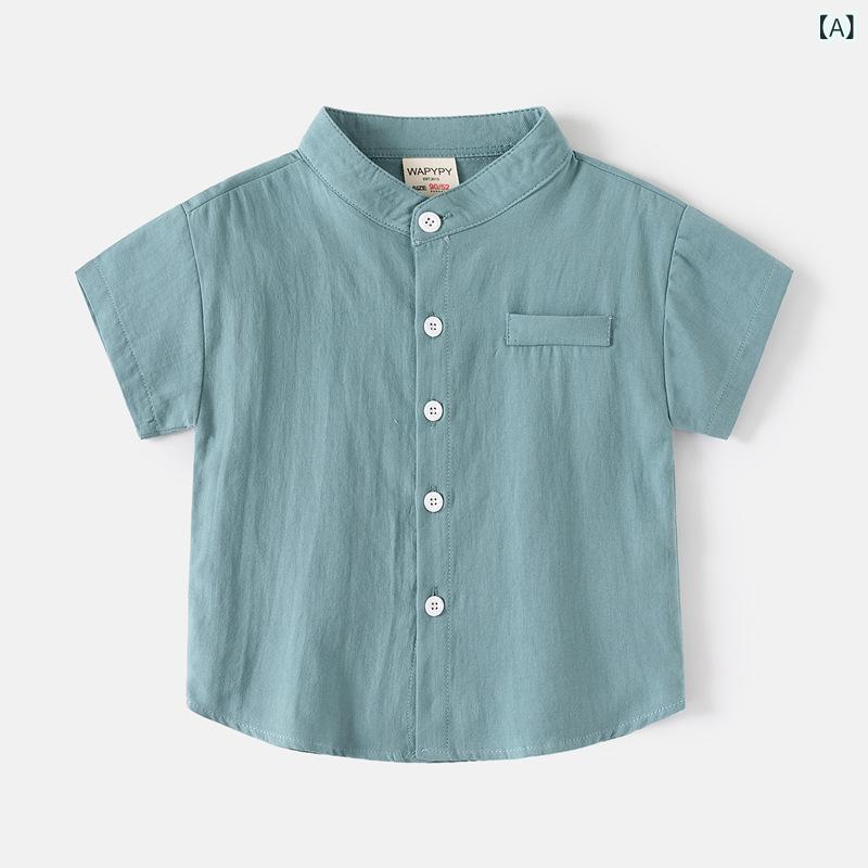 シャツ 男の子 ベビー キッズ 半袖 春夏 スタンドカラー カジュアル 襟 トップス 前開き 綿 コットン ..