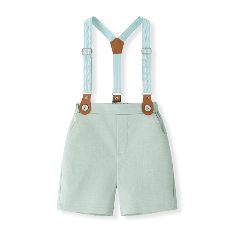 セットアップ 男の子 ベビー 子供 キッズ フォーマル スーツ 半袖シャツ サスペンダー 短パン 蝶ネクタイ 結婚式 発表会 誕生日 紳士風 欧米風 春夏 ライトグリーン ポリエステル 通気性 柔らかい 幼児 ジュニア