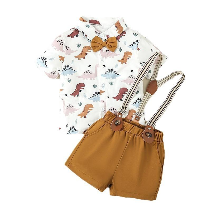 セットアップ 男の子 キッズ 子供服 半袖シャツ トップス サロペット オーバーオール 恐竜 キャラクター ブリティッシュ フォーマル 結婚式 発表会 春夏 コットン 綿 柔らかい 涼しい ボタン キャメル お出かけ カジュアル