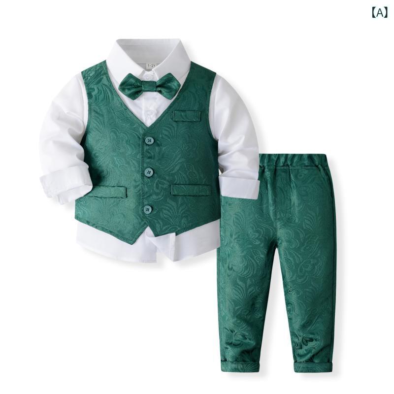 セットアップ キッズ 男の子 フォーマルスーツ 子供服 礼服 ベスト シャツ ロングパンツ 長ズボン 蝶ネクタイ ブリティッシュ イギリス風 かっこいい おしゃれ 結婚式 発表会 七五三 グリーン 緑 コットン 綿 秋冬