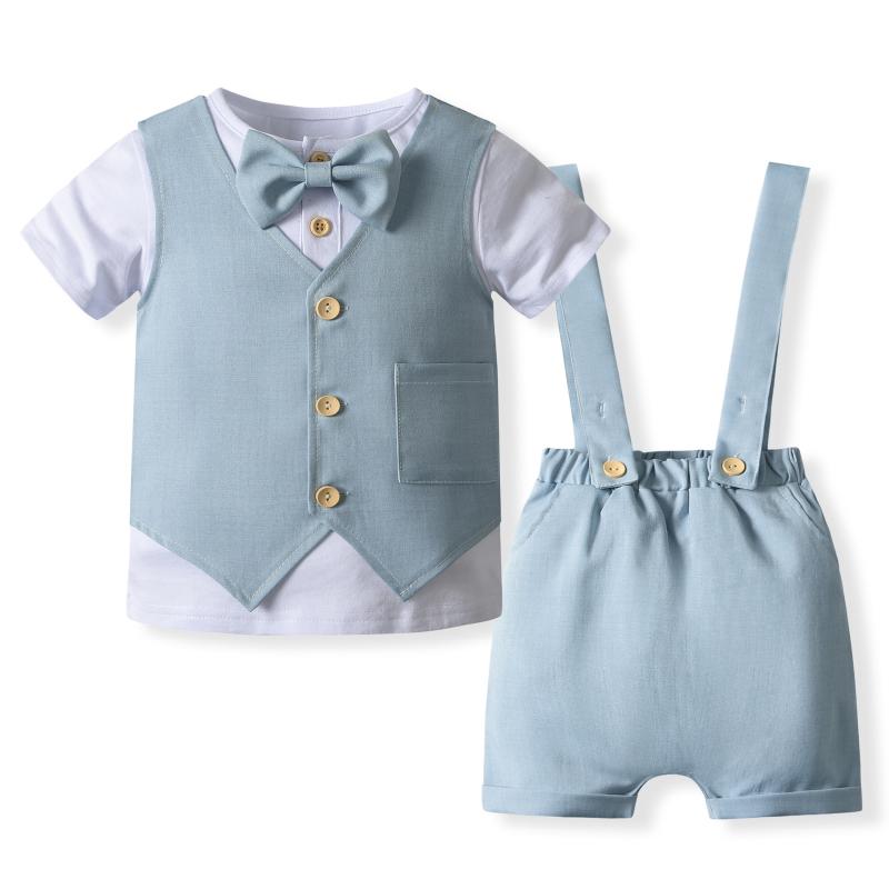 Suits, Tuxedos （Boys） - セットアップ 男の子 ベビー キッズ フォーマルスーツ 紳士服 礼服 子供服 半袖 シャツ ショートパンツ 半ズボン 蝶ネクタイ 上下セット 英国風 夏用 結婚式 誕生日 発表会 通気性 コットン 綿 グリーン ライトブルー アイボリー