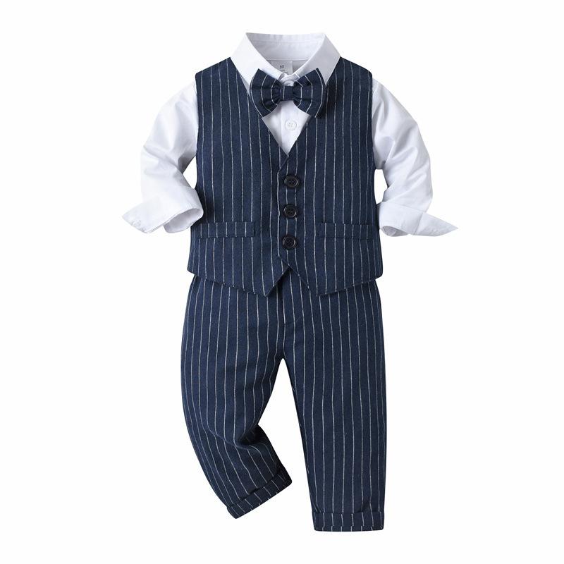 スーツ 男の子 キッズ 子供服 セットアップ フォーマル 英国風 ブリティッシュスタイル かっこいい 春秋 ストライプ 蝶ネクタイ シングル 長袖 長ズボン 綿 コットン 結婚式 発表会 七五三 ブルー グレー 高級感