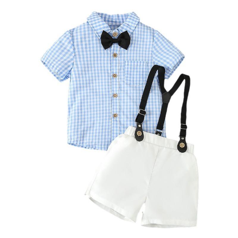 スーツ 男の子 春夏 セットアップ フォーマル 礼服 紳士風 英国風 チェック柄 格子柄 シャツ 半袖 ベスト 半ズボン 短パン 蝶ネクタイ サスペンダー 綿 コットン 柔らかい 吸汗 通気性 ブルー 結婚式 発表会 七五三
