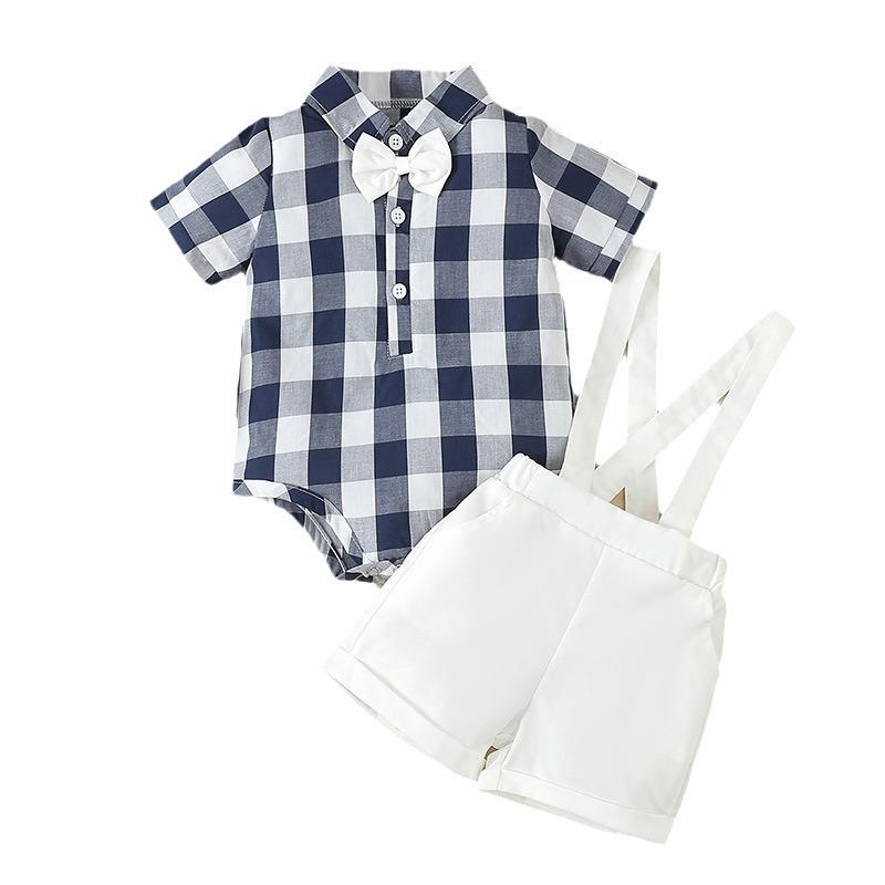 Dress Suits （Girls） - ベビーフォーマル 男の子 ベビー セットアップ ロンパース カバーオール スーツ チェック柄 春夏 半袖 半ズボン コットン 綿 白 結婚式 お呼ばれ お食い初め 蝶ネクタイ 紳士風 かっこいい おしゃれ 柔らかい