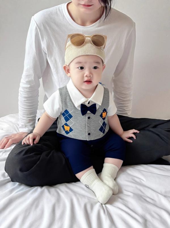 ロンパース ベビー 男の子 女の子 春夏 半袖 綿 コットン 紳士風 フォーマル チェック柄 クマ 赤ちゃん..