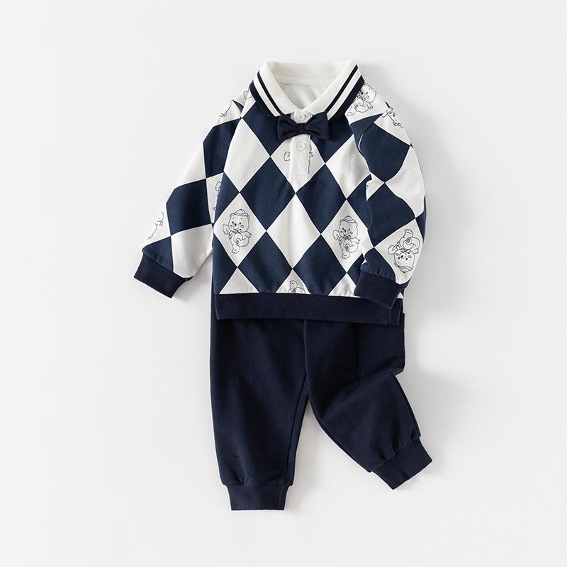 セットアップ 男の子 女の子 ベビー キッズ 子供 学院風 フォーマル スーツ 礼服 秋冬 綿 コットン 長袖 長ズボン 上下セット クマ キャラクター ブルー 青 柔らかい 起毛 伸縮性 かわいい 通園 通学 普段使い