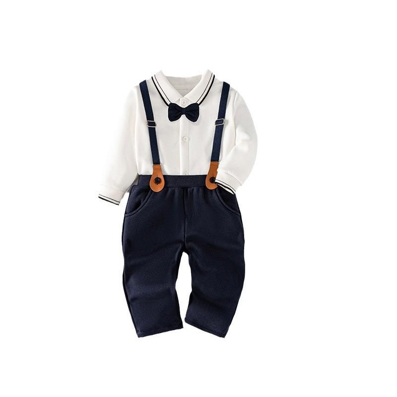 セットアップ 男の子 ベビー キッズ 子供服 フォーマル スーツ 礼服 英国風 裏起毛 防寒 暖かい 秋冬 結婚式 七五三 発表会 長袖 シャツ サスペンダー 長ズボン 蝶ネクタイ トラッド 幼児 紺 白 綿 コットン