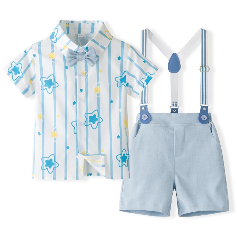 セットアップ 男の子 キッズ 子供服 春夏 半袖シャツ ハーフパンツ 上下セット ズボン 欧米風 プリント ストライプ キャラクター カジュアル スカイブルー 柔らかい 吸湿 速乾 通園 普段使い お出かけ