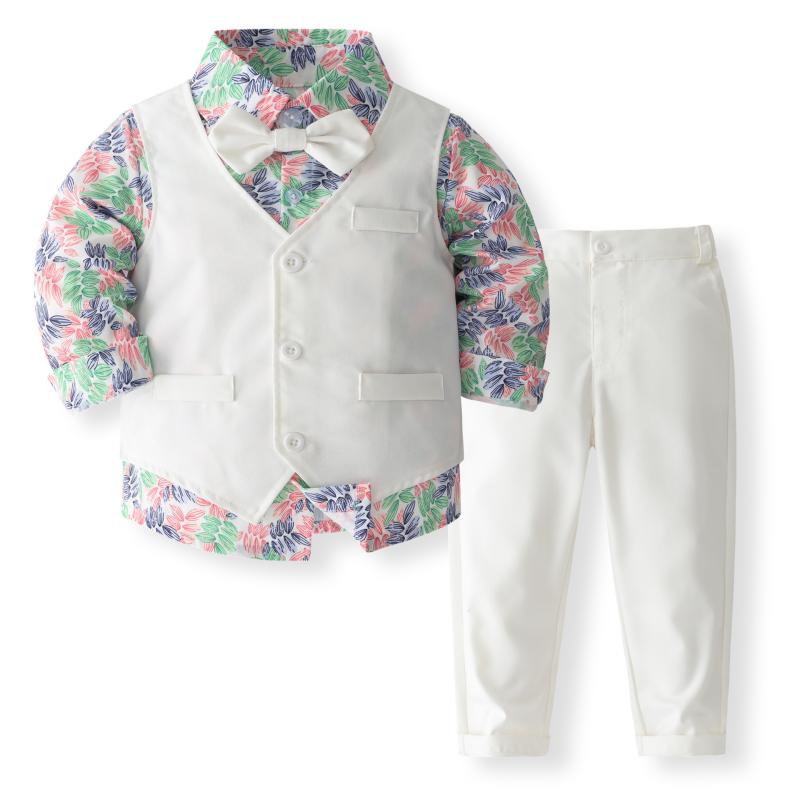セットアップ 男の子 女の子 フォーマルスーツ 紳士風 ベスト シャツ ロングパンツ 花柄 プリント ホワ..
