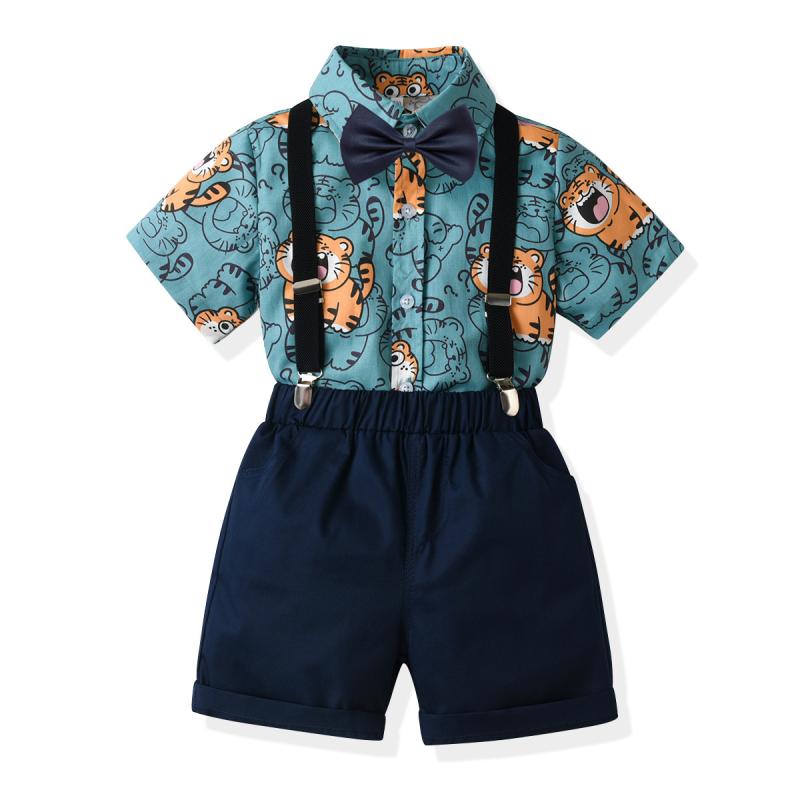セットアップ 男の子 春夏 半袖 シャツ ショートパンツ サスペンダー 蝶ネクタイ 綿 コットン ピーコッ..