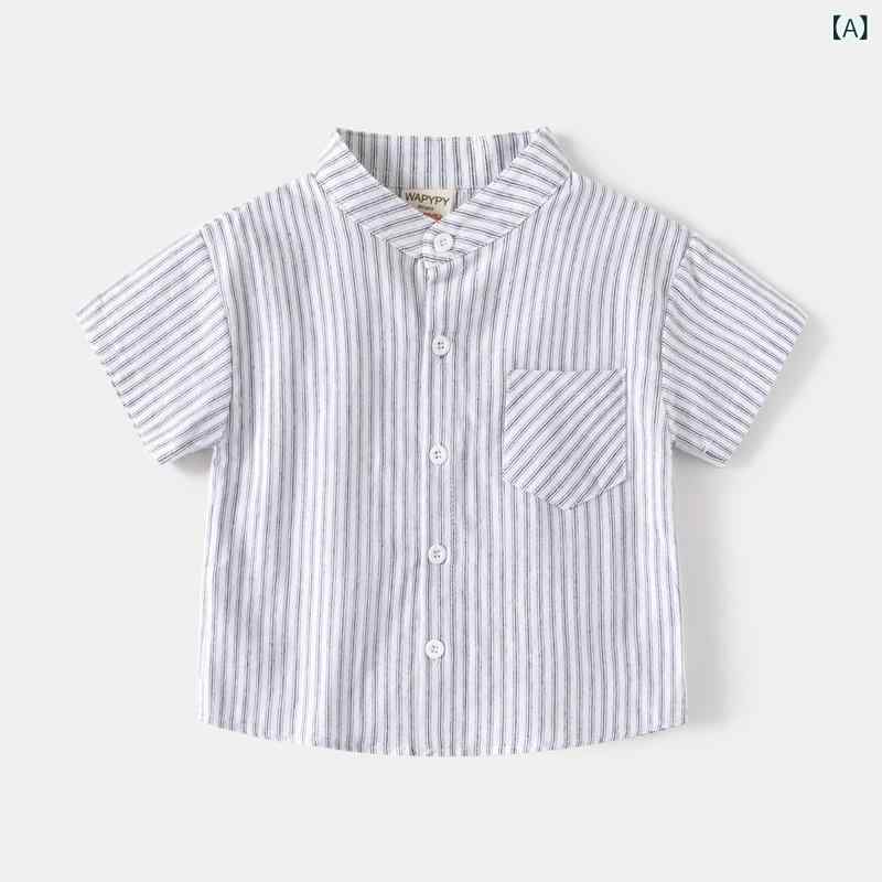 シャツ キッズ 男の子 半袖 トップス ストライプ バンドカラー 綿 コットン 春夏 カジュアル 韓国 おし..
