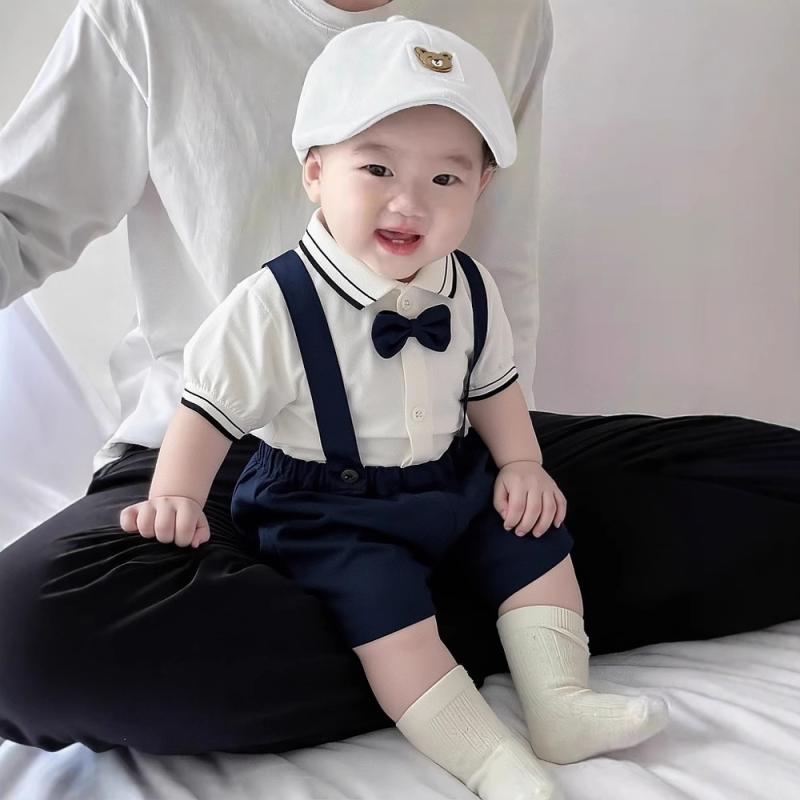 Suits, Tuxedos （Boys） - セットアップ ベビー キッズ 男の子 サロペット 英国風 紳士服 フォーマル タキシード 半袖 シャツ ショートパンツ 結婚式 誕生日 セレモニー 春夏 コットン 1歳 薄手 通気性 吸汗速乾 おしゃれ ホワイト ブルー レッド