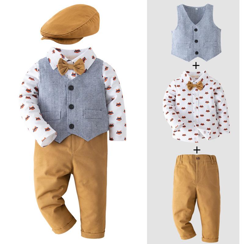Suits, Tuxedos （Boys） - セットアップ 男の子 フォーマルスーツ 紳士服 長袖 キッズ シャツ ベスト ロングパンツ キツネ アニマル柄 コットン 綿 柔らかい 英国風 クラシック 秋冬 結婚式 発表会 入園式 グレー カーキ 幼児