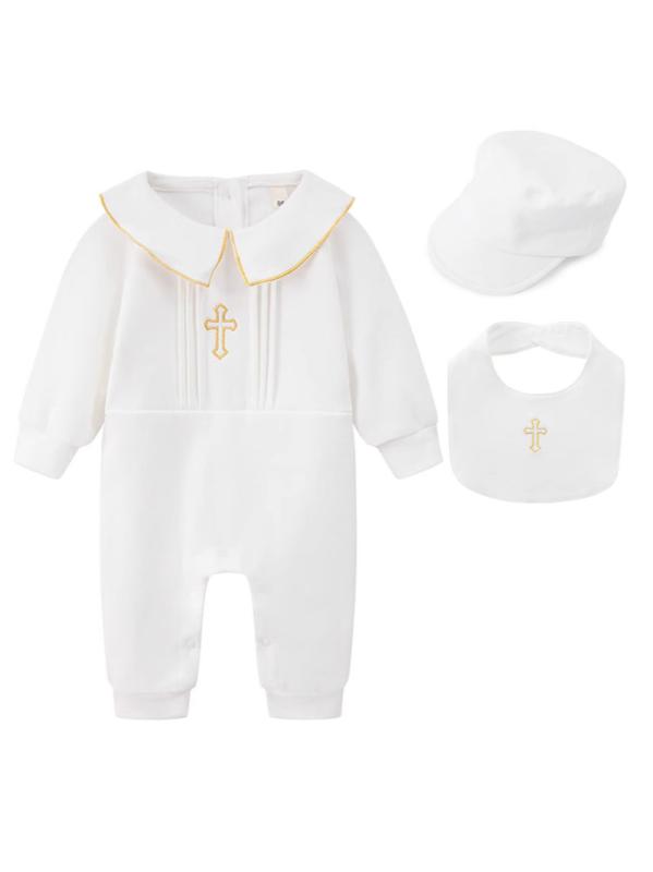 Suits, Tuxedos （Boys） - ロンパース ベビー 男の子 女の子 カバーオール キッズウェア 赤ちゃん セットアップ 長袖 コットン 素材 柔らかい 肌触り 快適 通気性 伸縮性 部屋着 春秋 お出かけ 普段使い フォーマル かわいい ゴールド 金縁 フード スタイ 帽子