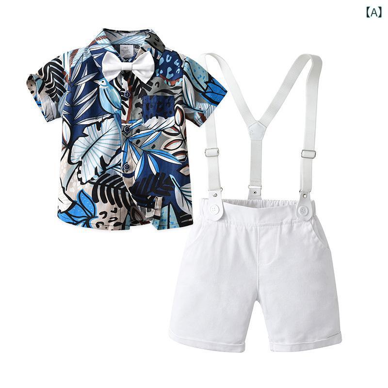 セットアップ 男の子 ベビー キッズ 英国風 紳士風 半袖 シャツ サスペンダー サロペット ハーフパンツ 春夏 綿 コットン 柔らかい 通気性 軽量 ブルー ホワイト カーキ おしゃれ お出かけ 結婚式 発表会