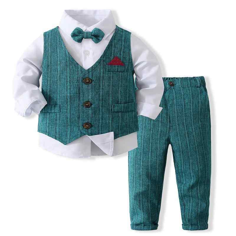 晚禮服套裝（男孩） - セットアップ 男の子 キッズ 子供 フォーマル スーツ 紳士服 ベスト 長袖 シャツ ズボン ストライプ 春秋 結婚式 発表会 七五三 かっこいい おしゃれ 高級感 綿混 コットン グレー カーキ ピーコックグリーン
