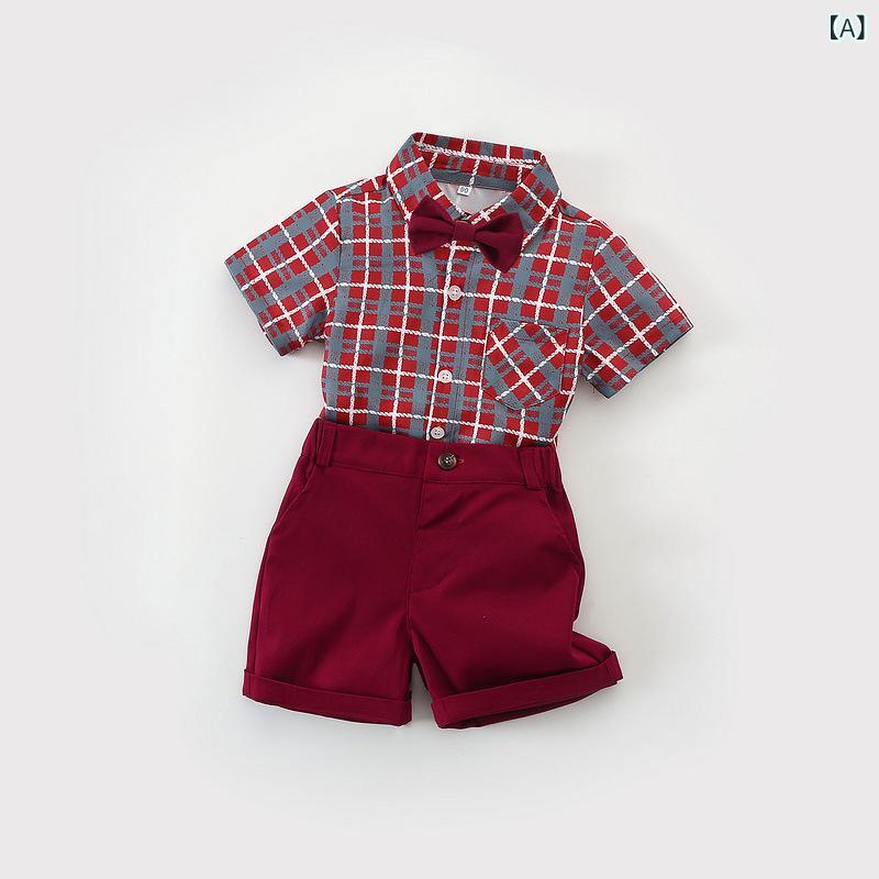 Suits, Tuxedos （Boys） - セットアップ 男の子 キッズ 春夏 レッド グリーン チェック 格子柄 カントリー風 襟 半袖 シャツ 半ズボン パンツ 上下セット カジュアル おしゃれ かっこいい 普段使い 通園 通学 ポリエステル 子供服