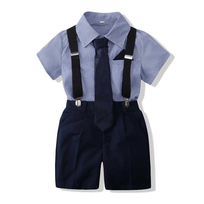 セットアップ 男の子 女の子 夏 半袖 シャツ ストライプ柄 スクール風 制服風 フォーマル 綿 コットン 子供服 発表会 結婚式 卒園式 柔らかい ショートパンツ 吊りズボン スカート ネクタイ リボン