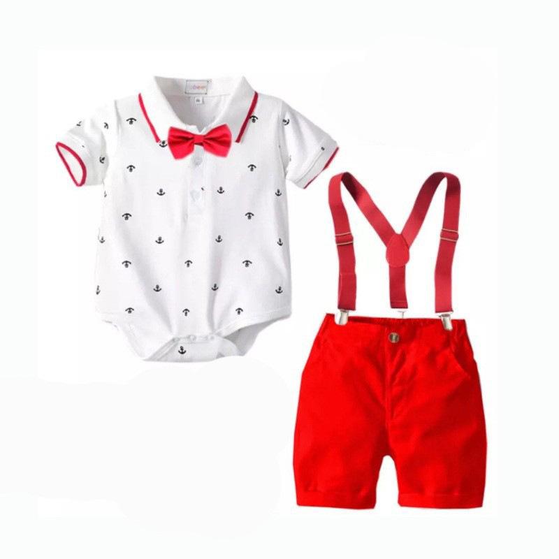 ロンパース 男の子 ベビー カバーオール セットアップ フォーマル 紳士風 蝶ネクタイ プリント サロペ..