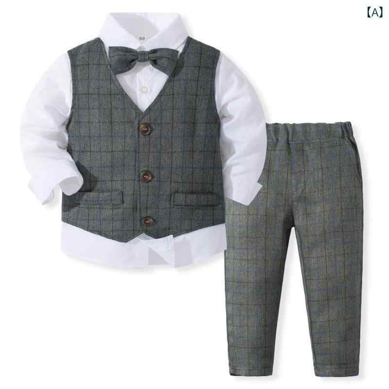 スーツ 男の子 子供服 秋冬 セットアップ フォーマル 英国風 チェック柄 ベスト 長袖 シャツ パンツ ズ..