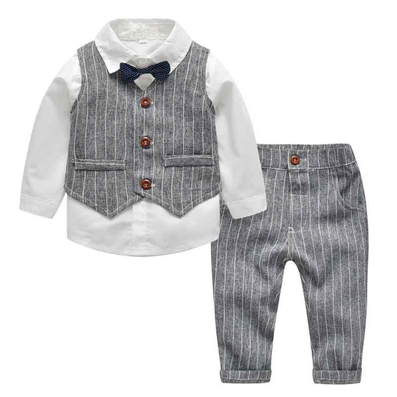Suits, Tuxedos （Boys） - スーツ 男の子 ベビー キッズ 子供 セットアップ フォーマル 紳士風 長袖 シャツ ベスト 蝶ネクタイ ストライプ柄 綿 コットン 柔らかい 結婚式 入園式 七五三 春秋 グレー かっこいい おしゃれ