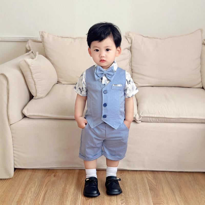 ベビー服 男の子 幼児 セットアップ ロンパース 半袖 短パン フォーマル 春夏 ブルー 欧米風 かっこい..